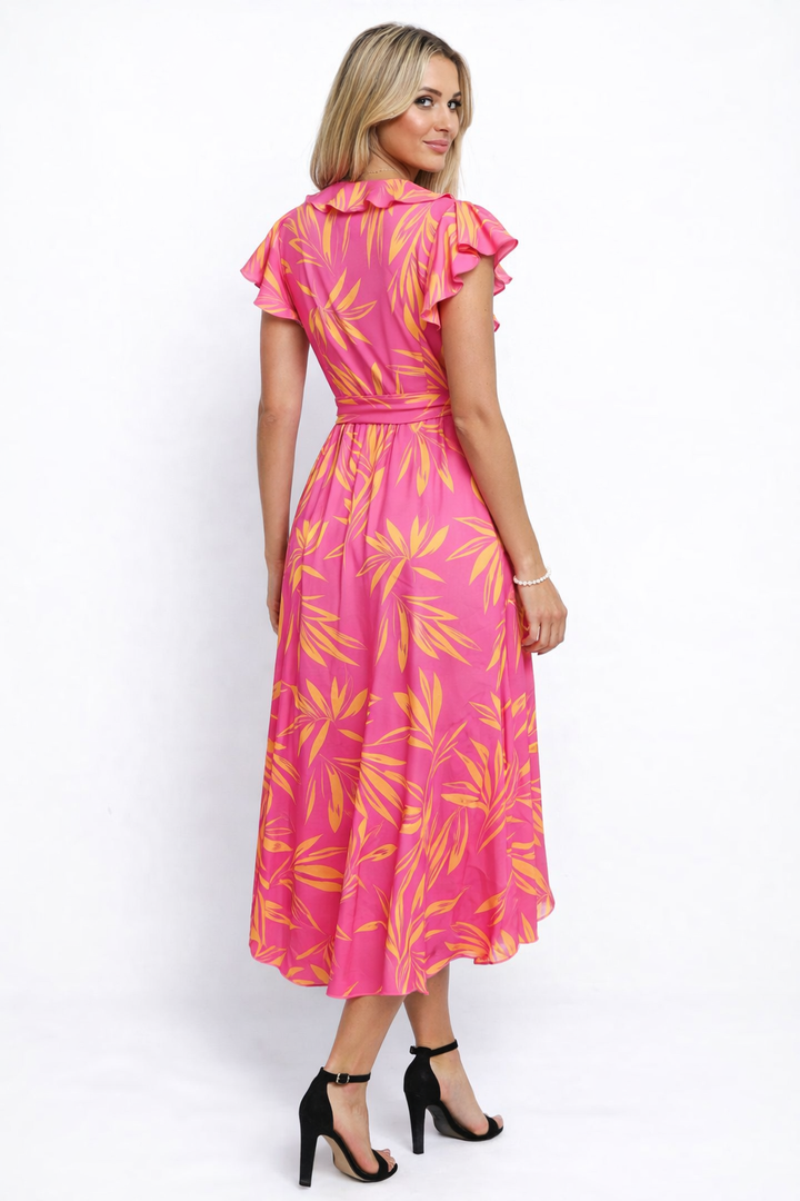 Wrap midi dress with ruffled V-neck and leafy print – EMERALD