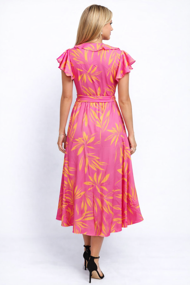 Wrap midi dress with ruffled V-neck and leafy print – EMERALD