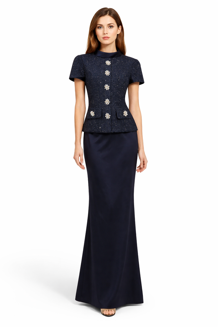 structured tweed peplum top with crystal buttons & satin maxi skirt – NOCTURNE