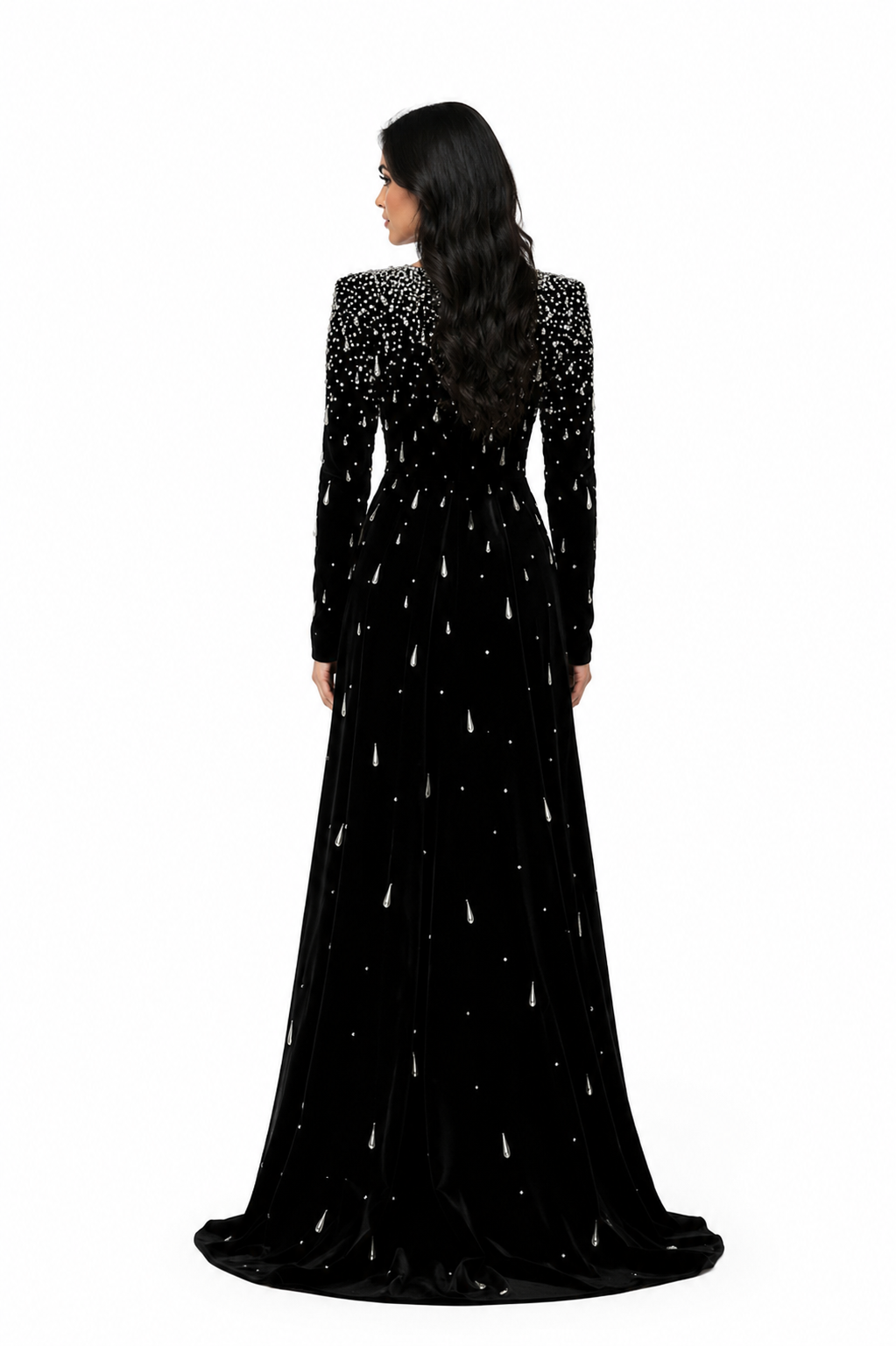 Long sleeve velvet gown with pearl cascade - ODD- Sinmu