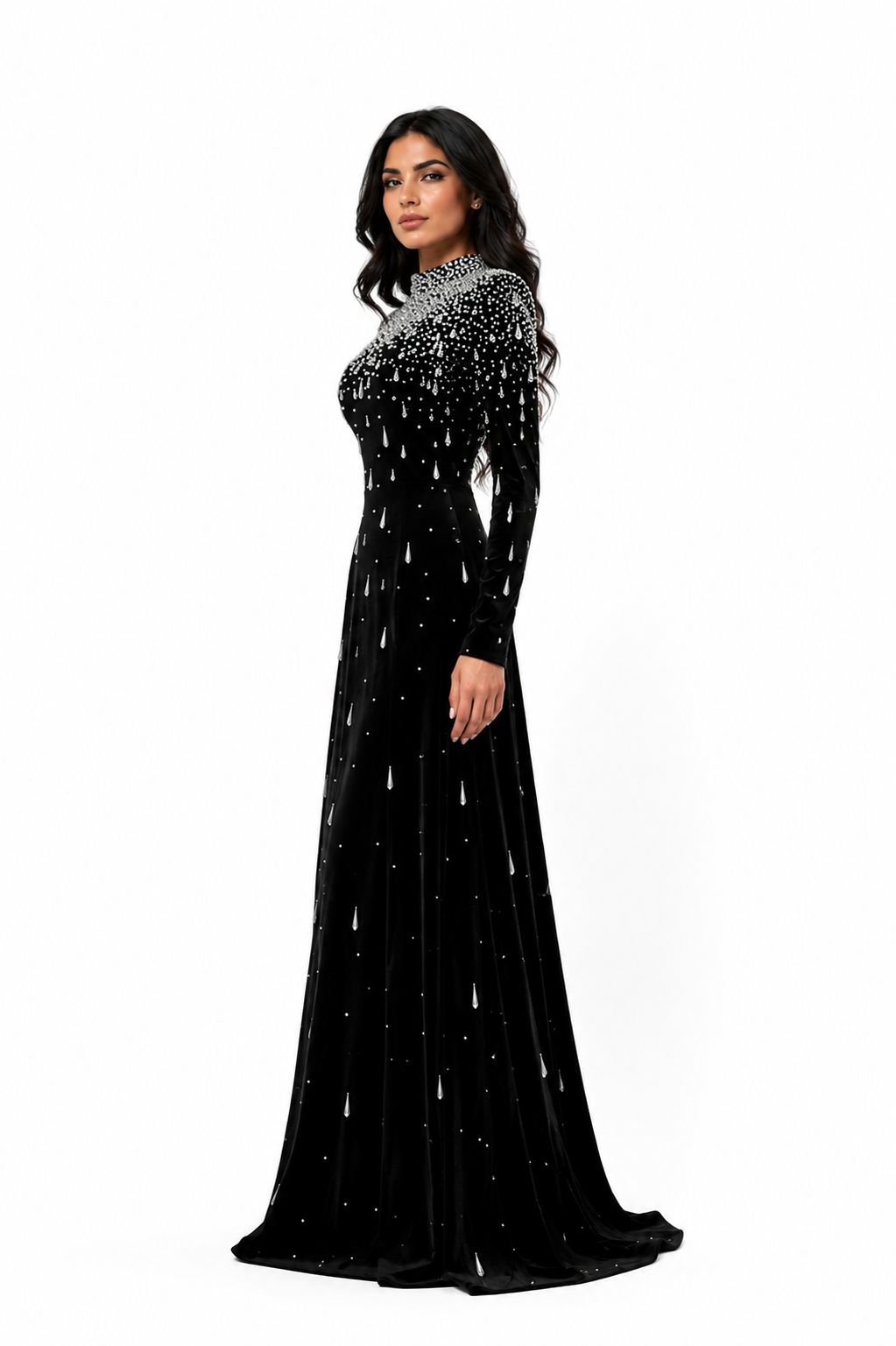Long sleeve velvet gown with pearl cascade - ODD- Sinmu