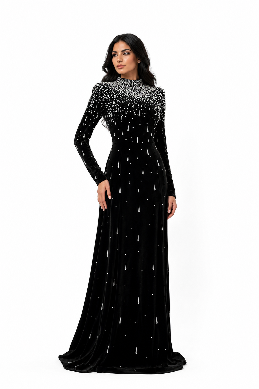 Long sleeve velvet gown with pearl cascade - ODD- Sinmu