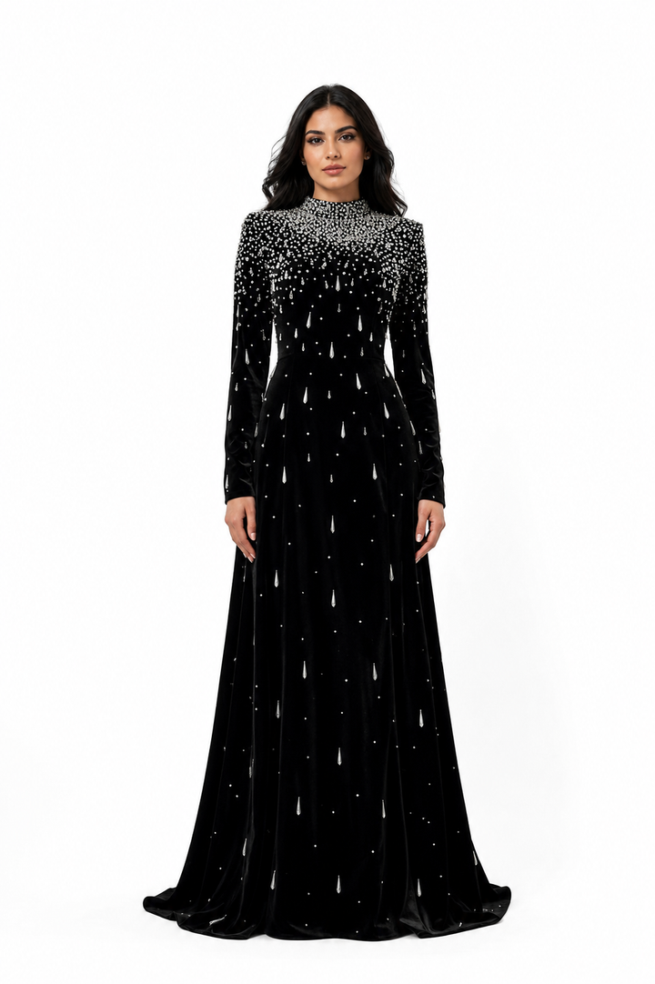 Long sleeve velvet gown with pearl cascade - ODD- Sinmu