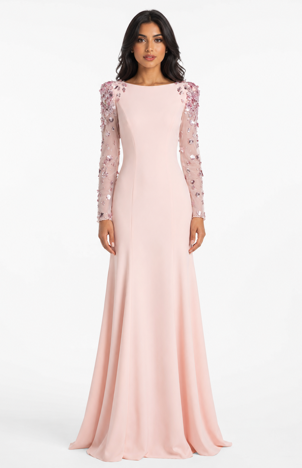 long column dress with embellished sheer sleeves - AUROXIA