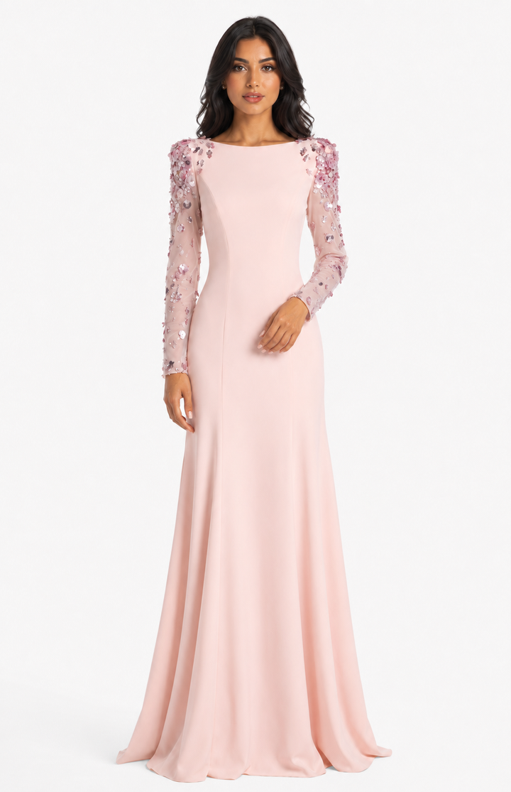 long column dress with embellished sheer sleeves - AUROXIA