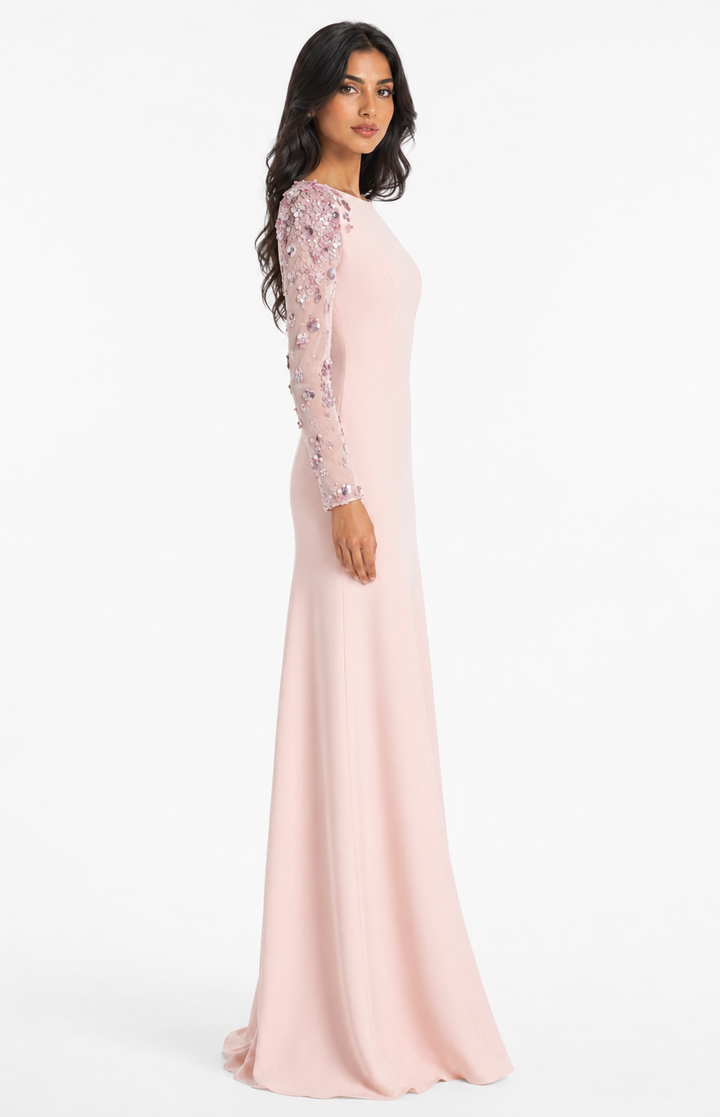 long column dress with embellished sheer sleeves - AUROXIA