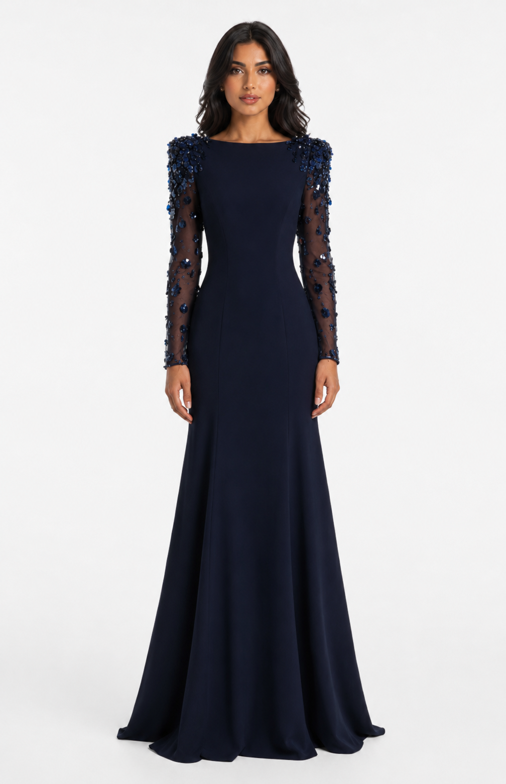 long column dress with embellished sheer sleeves - AUROXIA