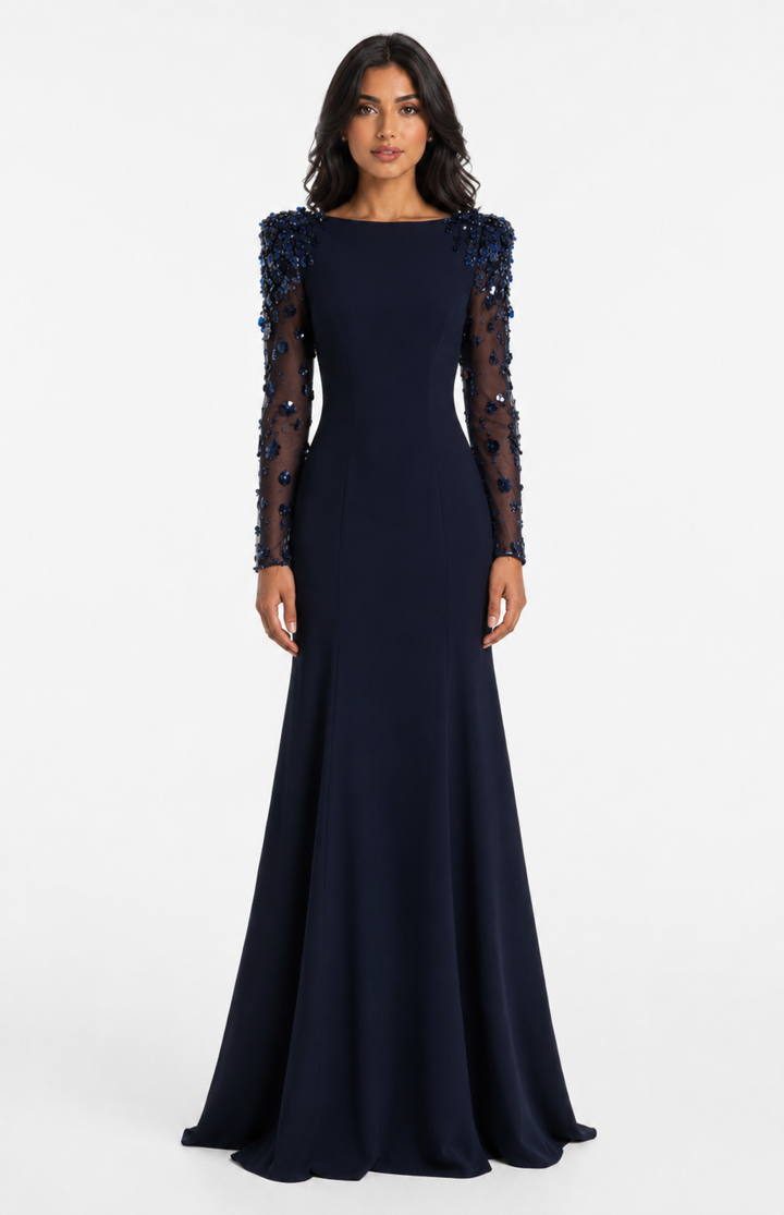 long column dress with embellished sheer sleeves - AUROXIA