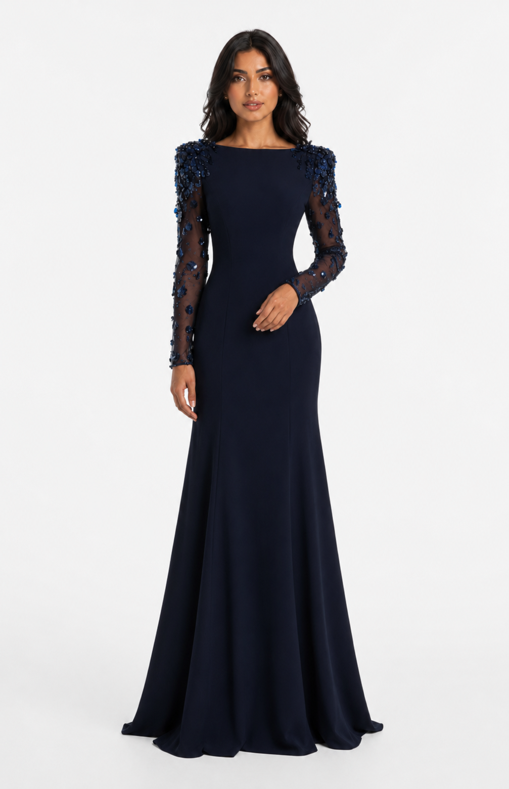 long column dress with embellished sheer sleeves - AUROXIA