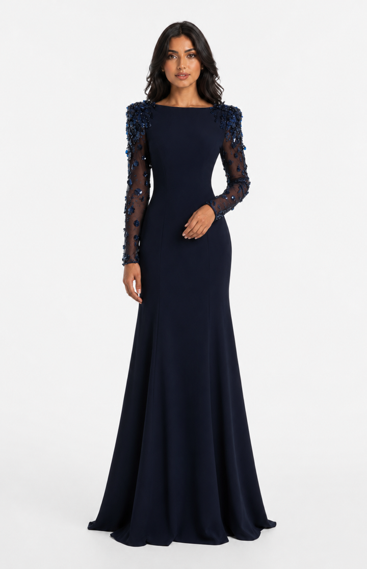 long column dress with embellished sheer sleeves - AUROXIA