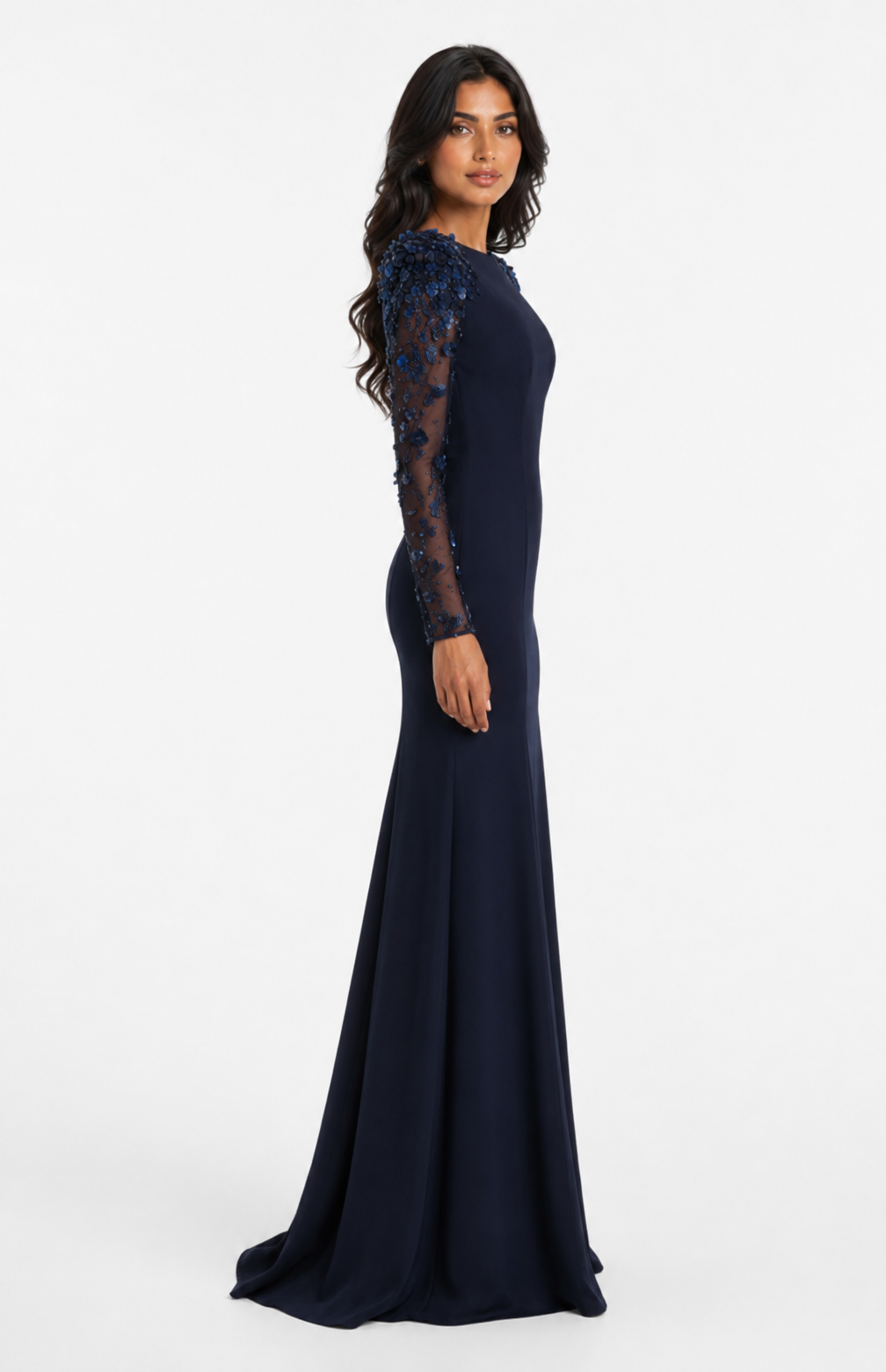 long column dress with embellished sheer sleeves - AUROXIA