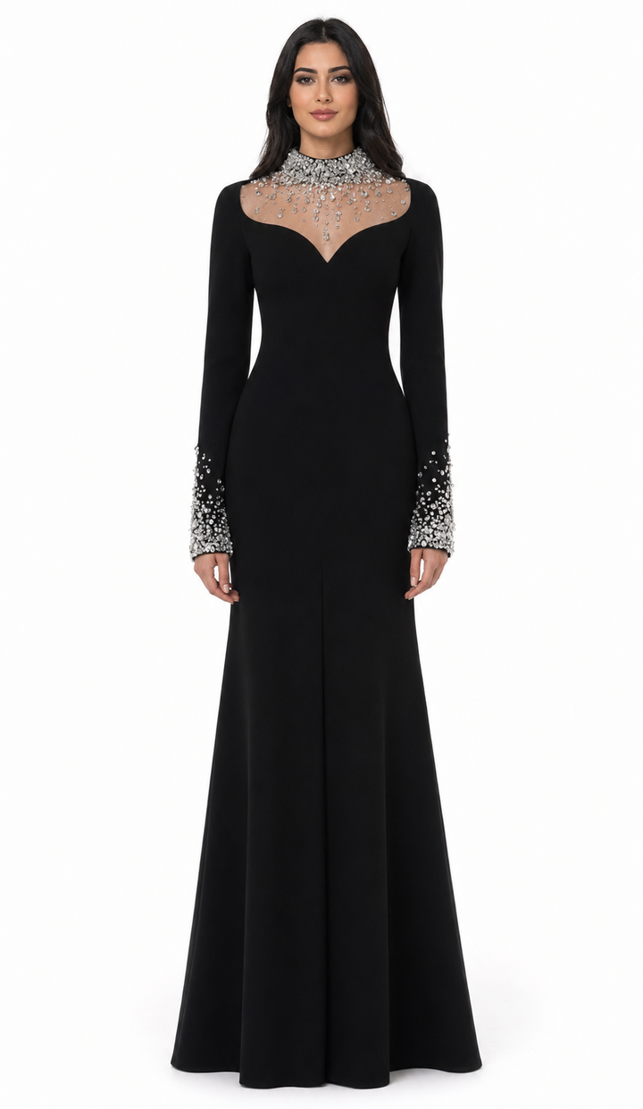 long sleeve column gown with crystal illusion neckline – CELESTE