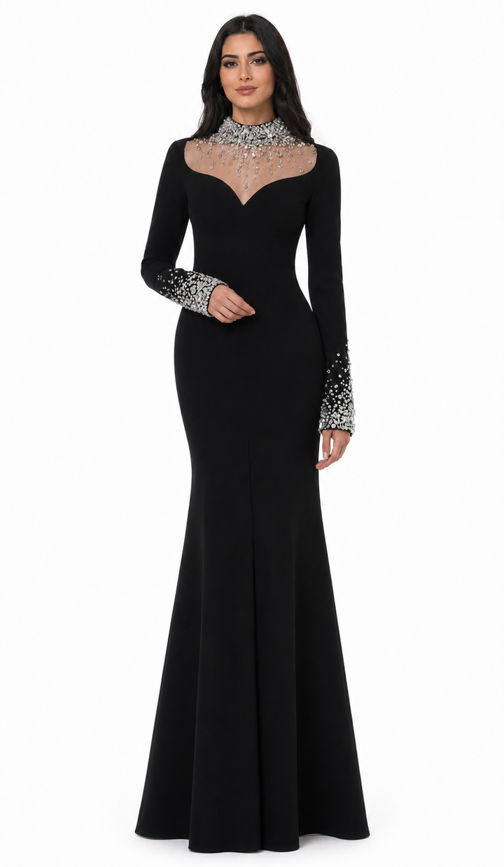 long sleeve column gown with crystal illusion neckline – CELESTE