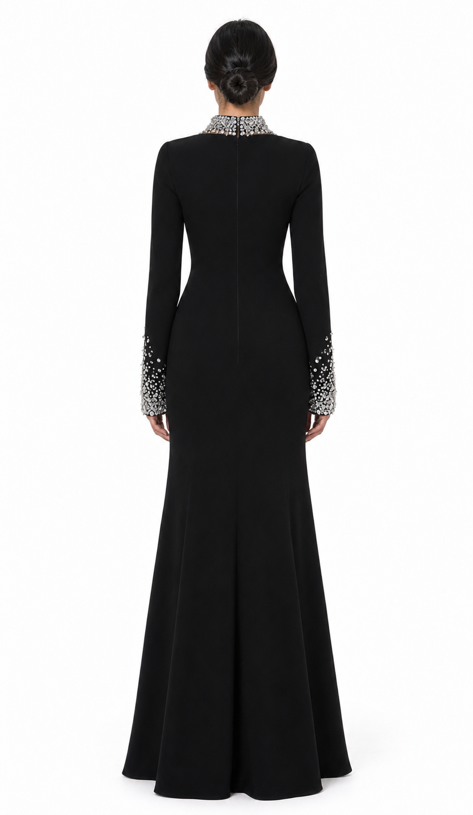 long sleeve column gown with crystal illusion neckline – CELESTE