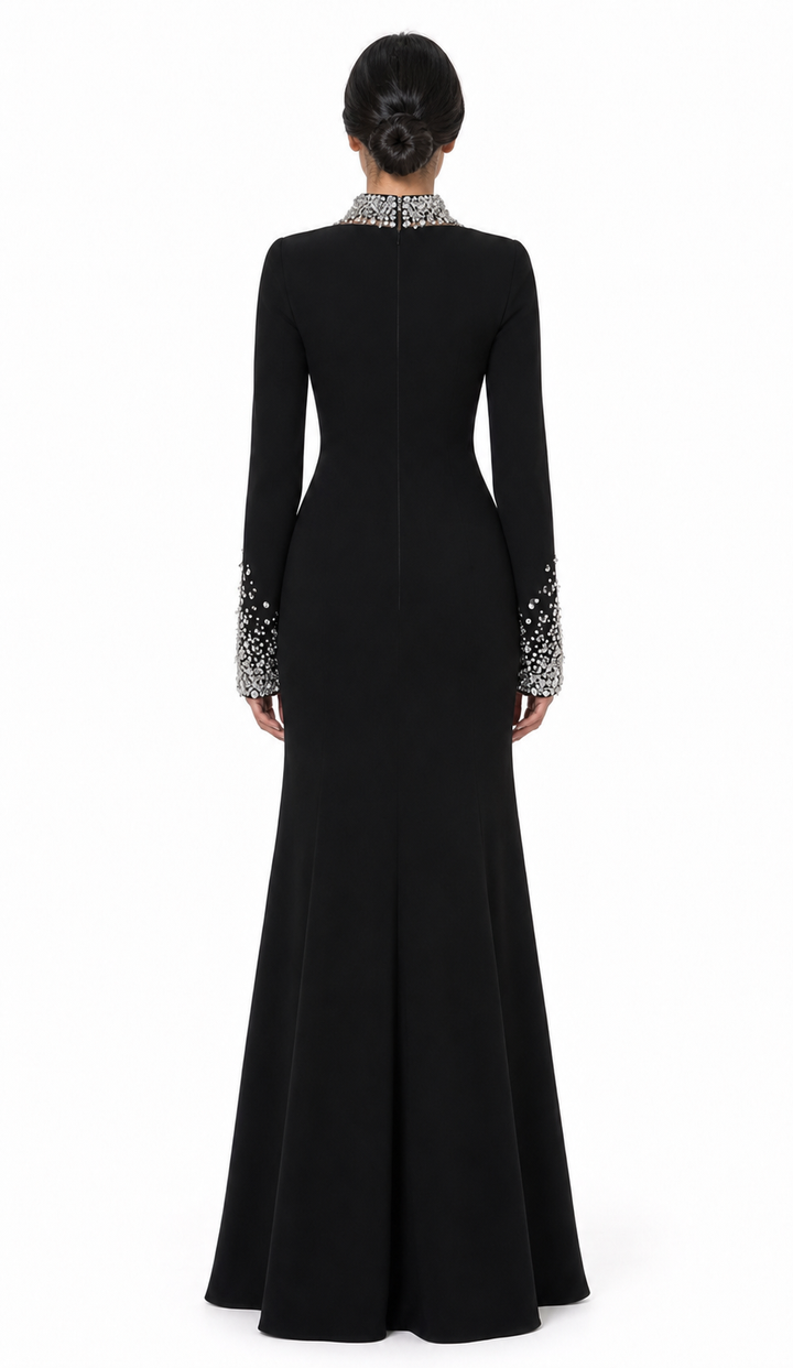 long sleeve column gown with crystal illusion neckline – CELESTE