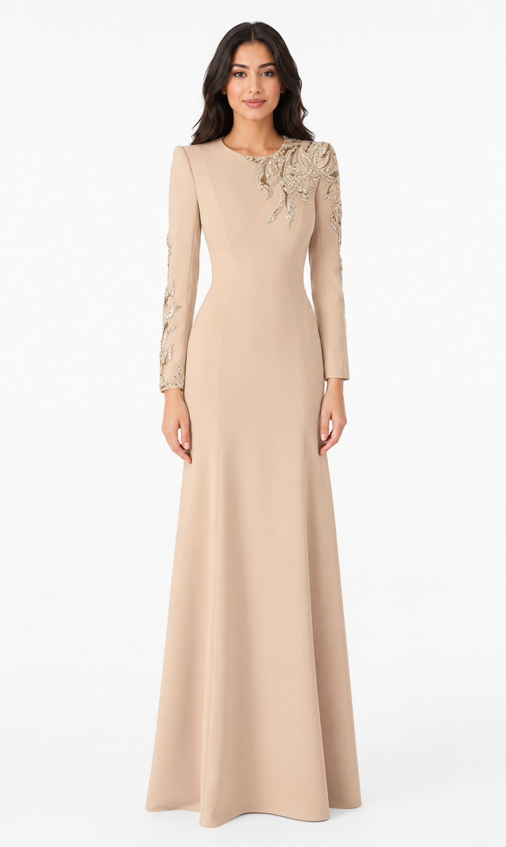 long-sleeve column gown with gold floral embroidery – VALENTIA