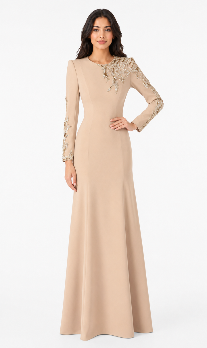 long-sleeve column gown with gold floral embroidery – VALENTIA