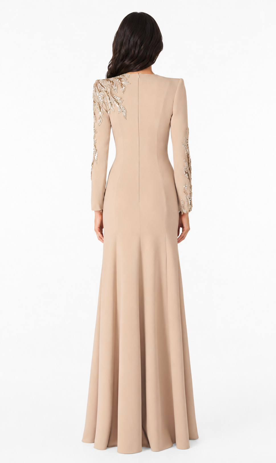 long-sleeve column gown with gold floral embroidery – VALENTIA