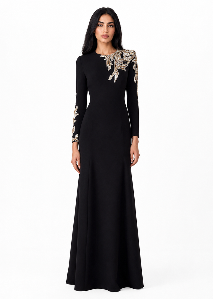 long-sleeve column gown with gold floral embroidery – VALENTIA