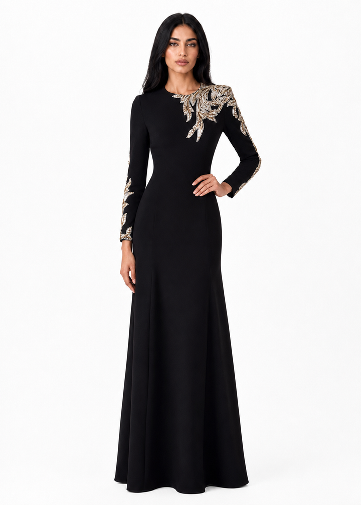 long-sleeve column gown with gold floral embroidery – VALENTIA