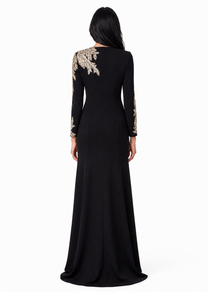 long-sleeve column gown with gold floral embroidery – VALENTIA