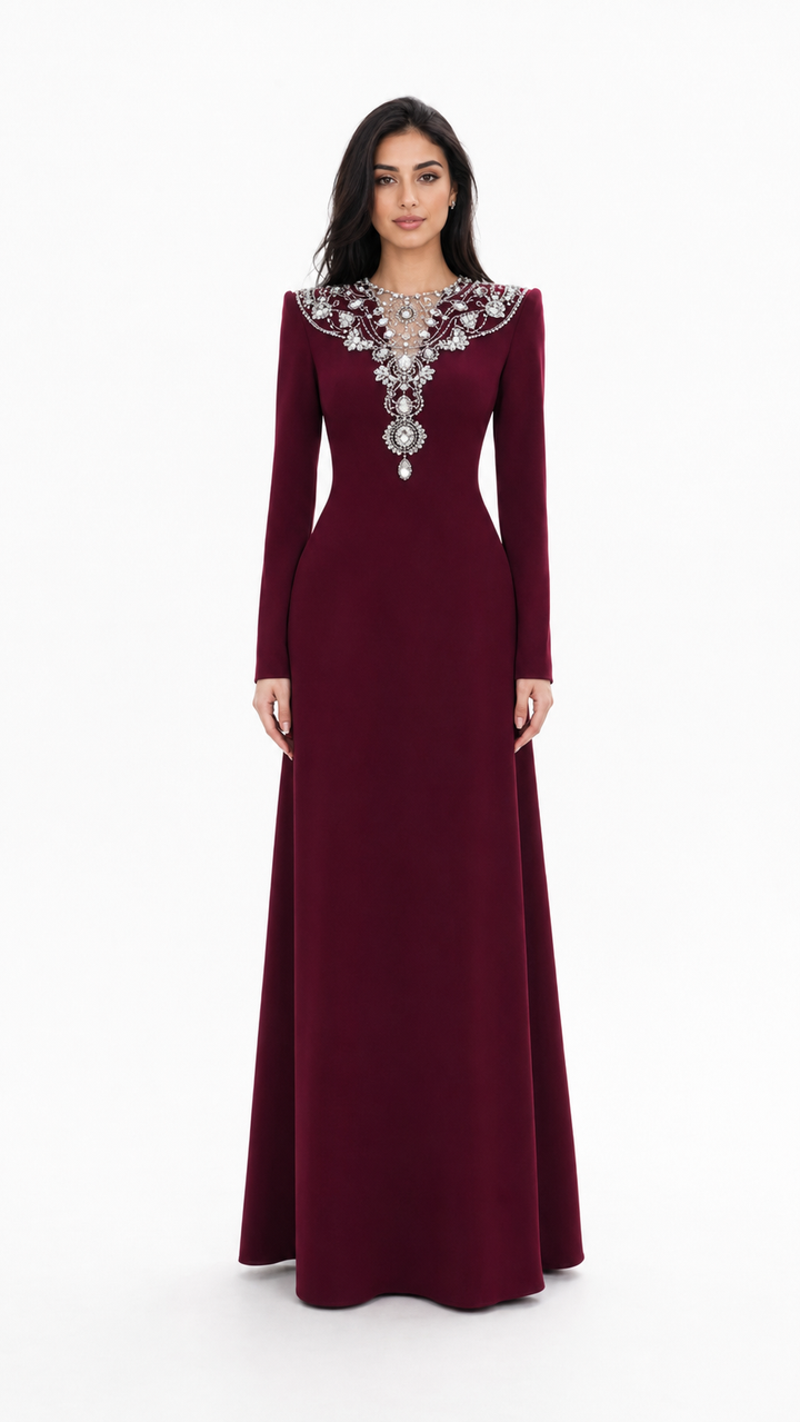 Long-Sleeve Maxi Dress with Ornate Embellished Neckline – BORDEAUX