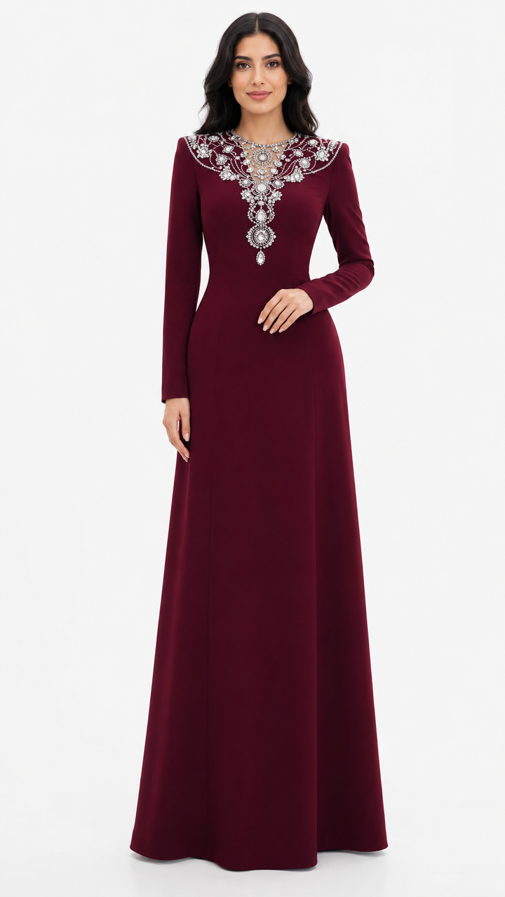 Long-Sleeve Maxi Dress with Ornate Embellished Neckline – BORDEAUX