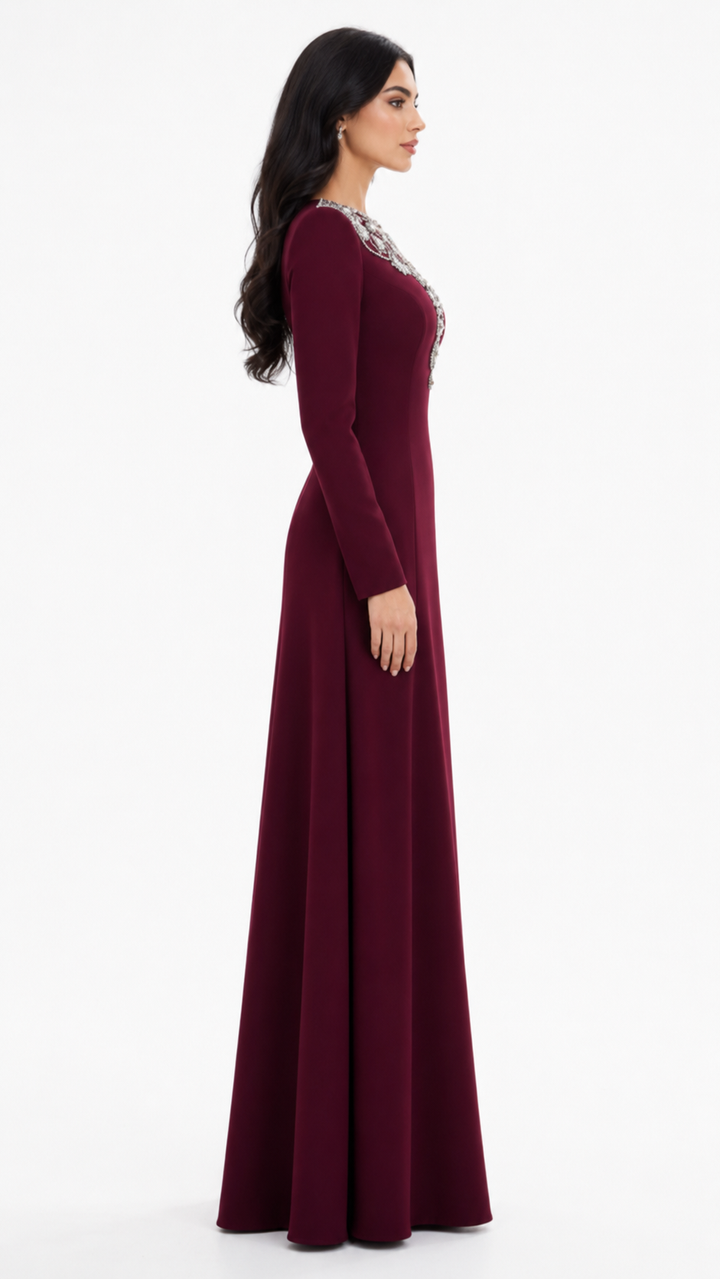 Long-Sleeve Maxi Dress with Ornate Embellished Neckline – BORDEAUX