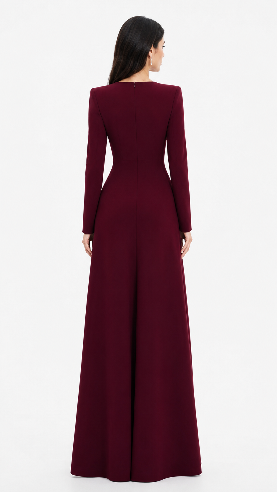 Long-Sleeve Maxi Dress with Ornate Embellished Neckline – BORDEAUX