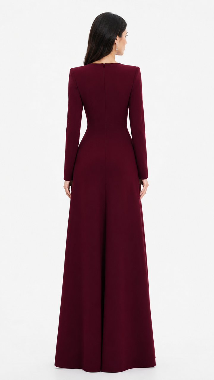 Long-Sleeve Maxi Dress with Ornate Embellished Neckline – BORDEAUX