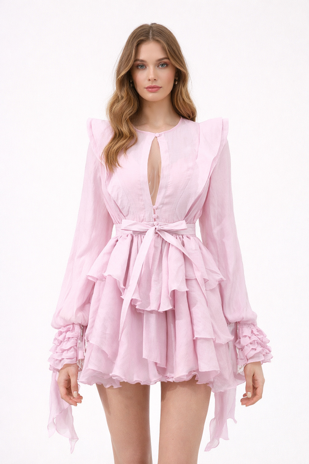 ruffled chiffon mini dress with waist tie – ROSALIE