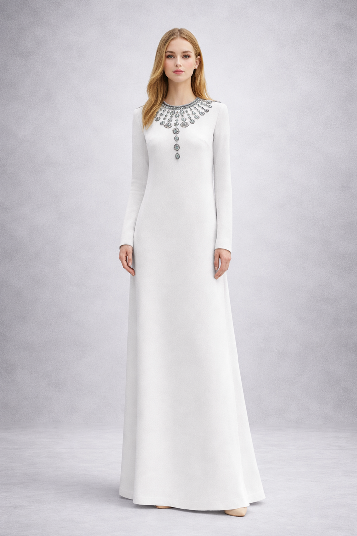 long sleeve column dress with emerald statement necklace detail – MAJESTY
