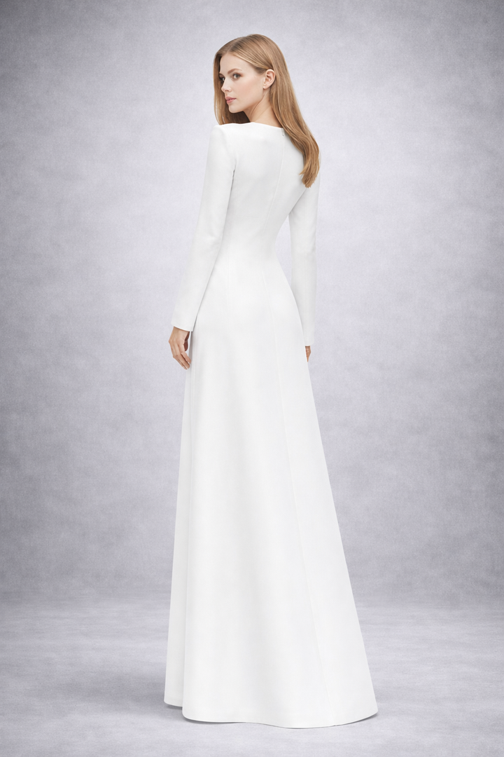 long sleeve column dress with emerald statement necklace detail – MAJESTY