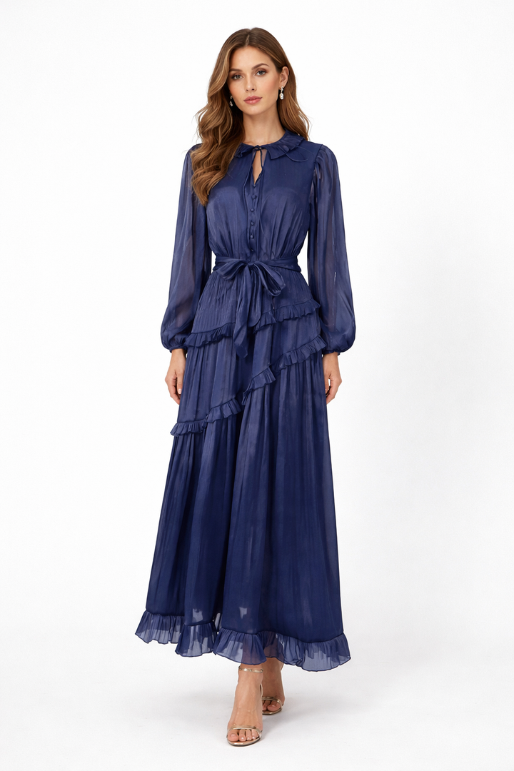 long sleeve chiffon ruffle maxi dress with waist tie – SERAPHINA