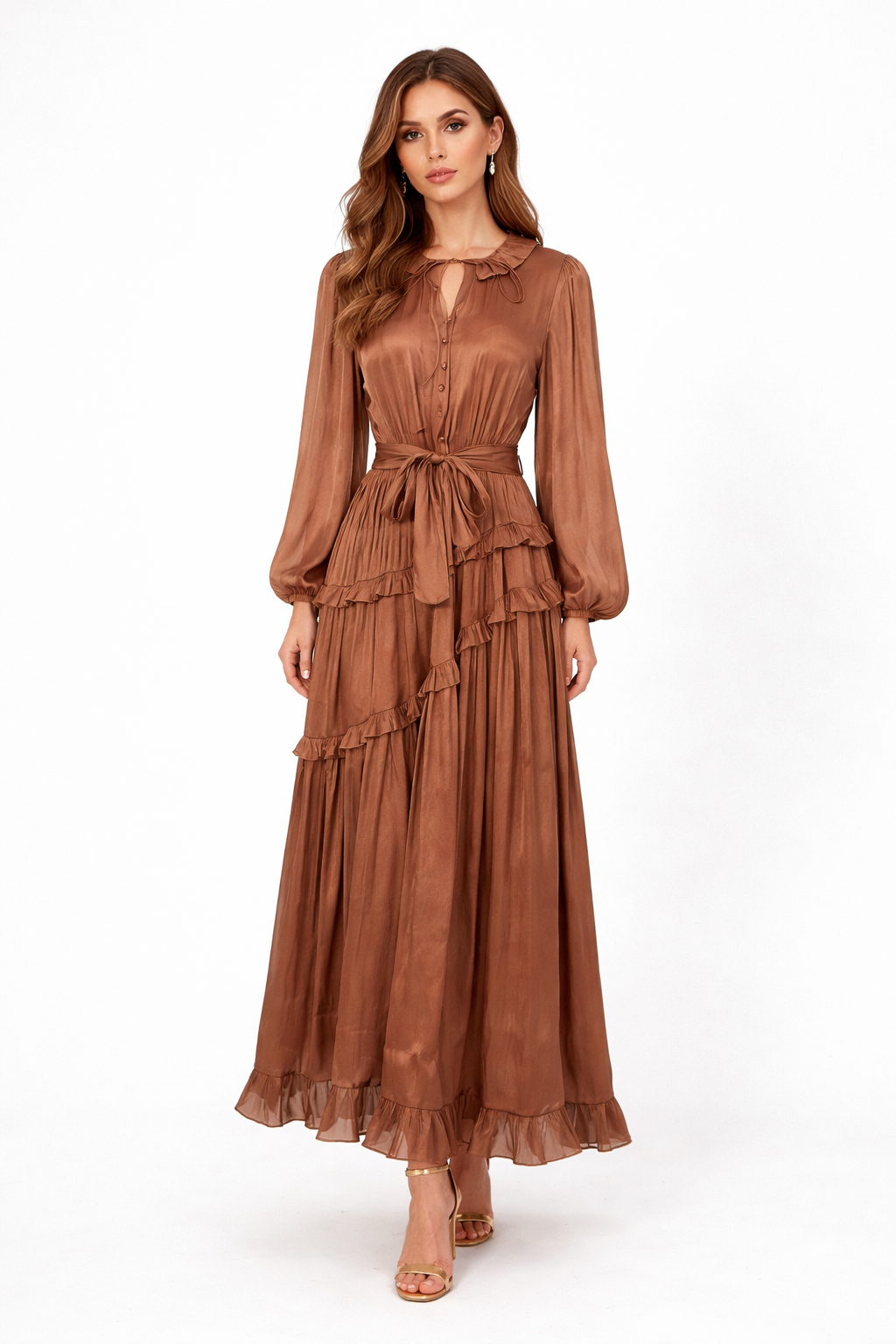 long sleeve chiffon ruffle maxi dress with waist tie – SERAPHINA
