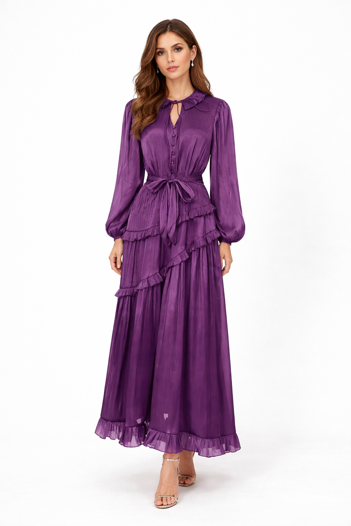 long sleeve chiffon ruffle maxi dress with waist tie – SERAPHINA
