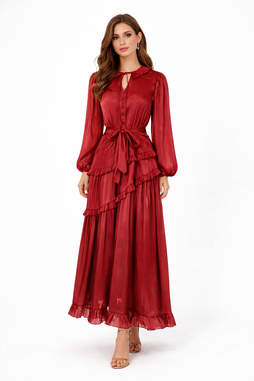 long sleeve chiffon ruffle maxi dress with waist tie – SERAPHINA