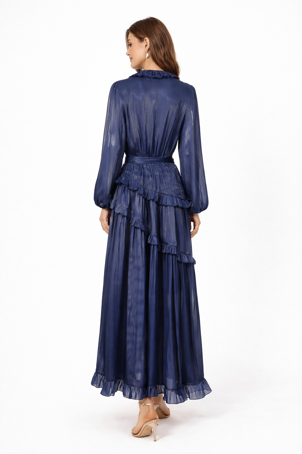long sleeve chiffon ruffle maxi dress with waist tie – SERAPHINA