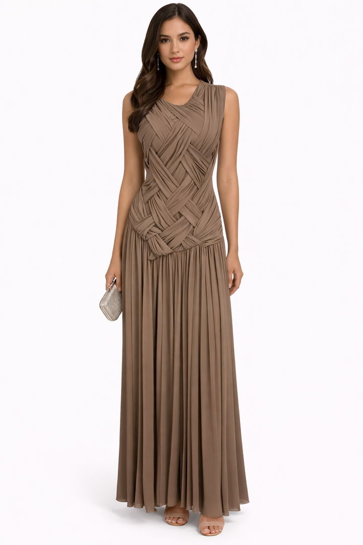 sleeveless woven draped maxi dress with pleated skirt – EZAT