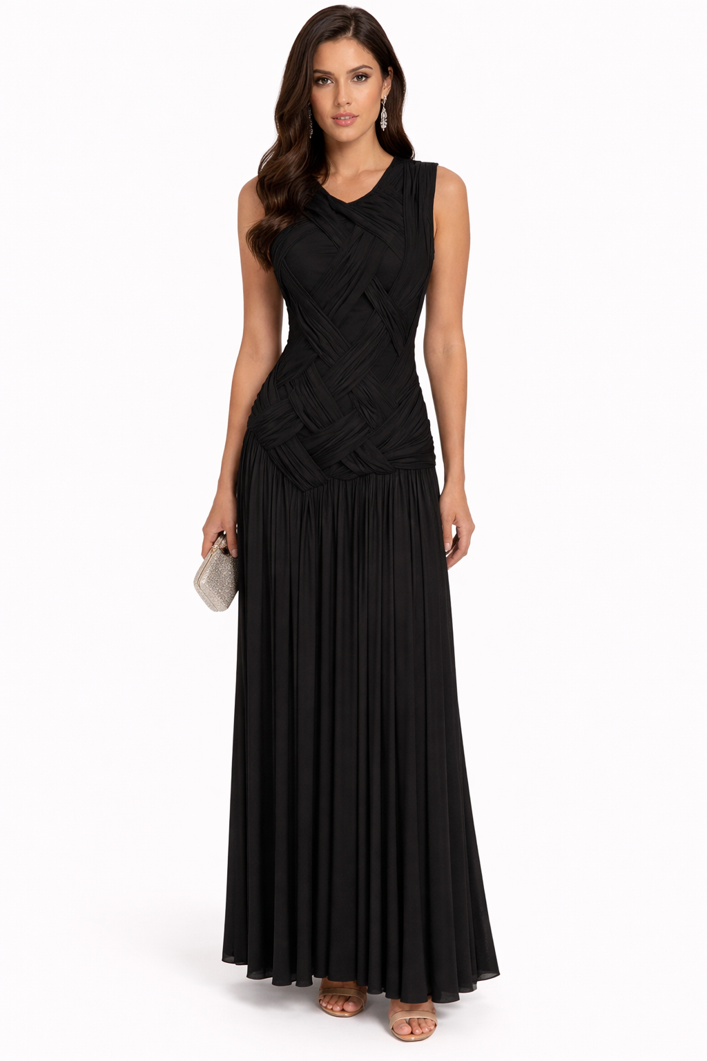 sleeveless woven draped maxi dress with pleated skirt – EZAT