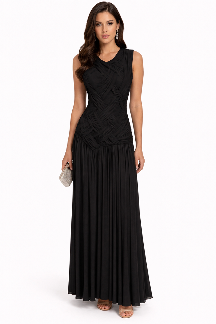 sleeveless woven draped maxi dress with pleated skirt – EZAT