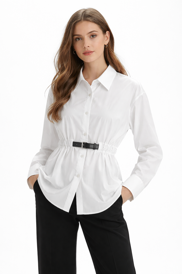long sleeve button-up shirt with waist belt – ELARA