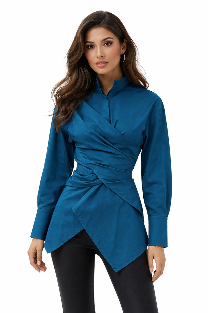 long sleeve wrap blouse with asymmetrical hem – AZURA