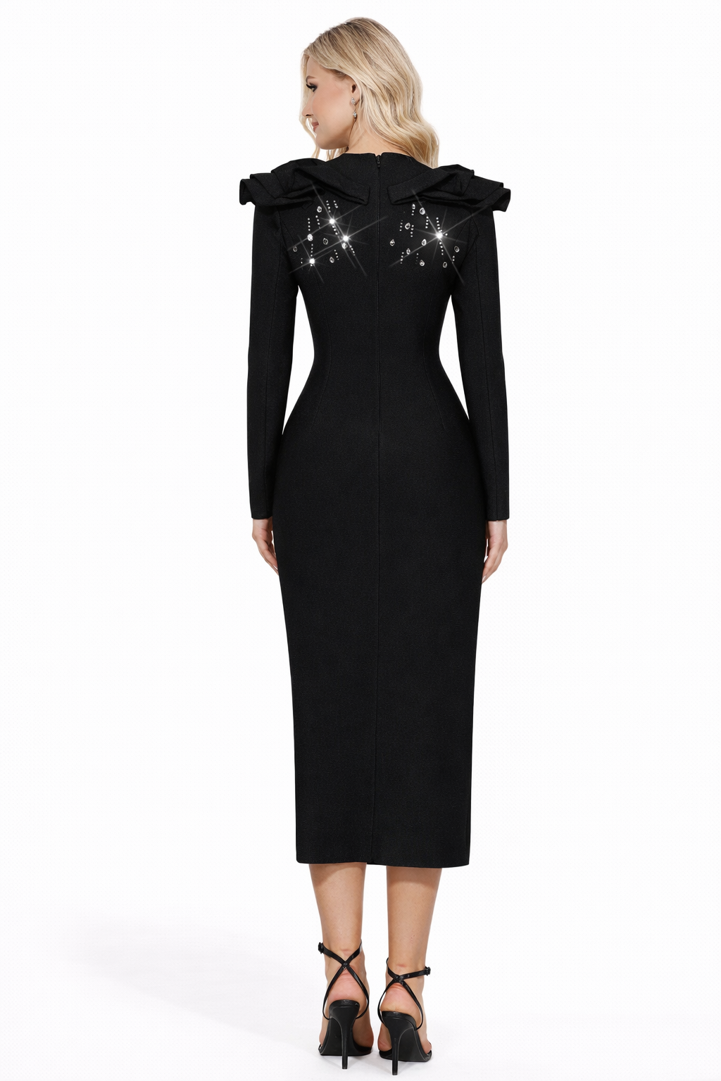 embellished shoulder ruffle long sleeve midi dress – NOIST