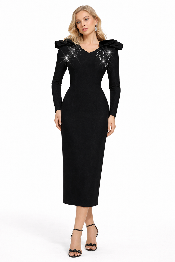 embellished shoulder ruffle long sleeve midi dress – NOIST