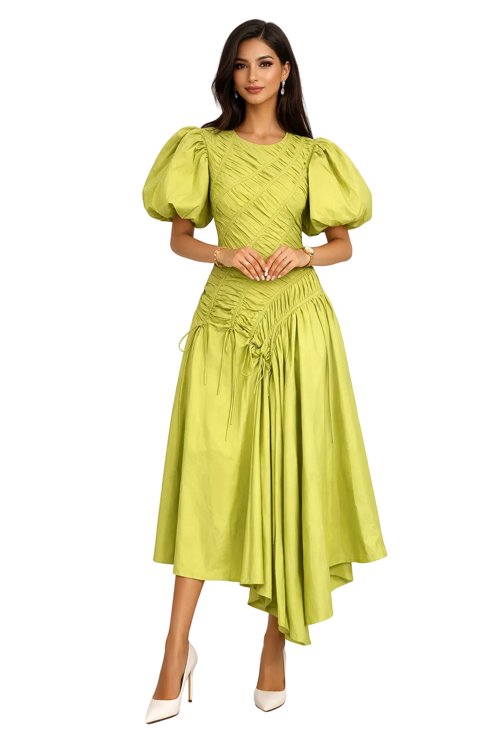 puff sleeve ruched asymmetric midi dress – GRACE