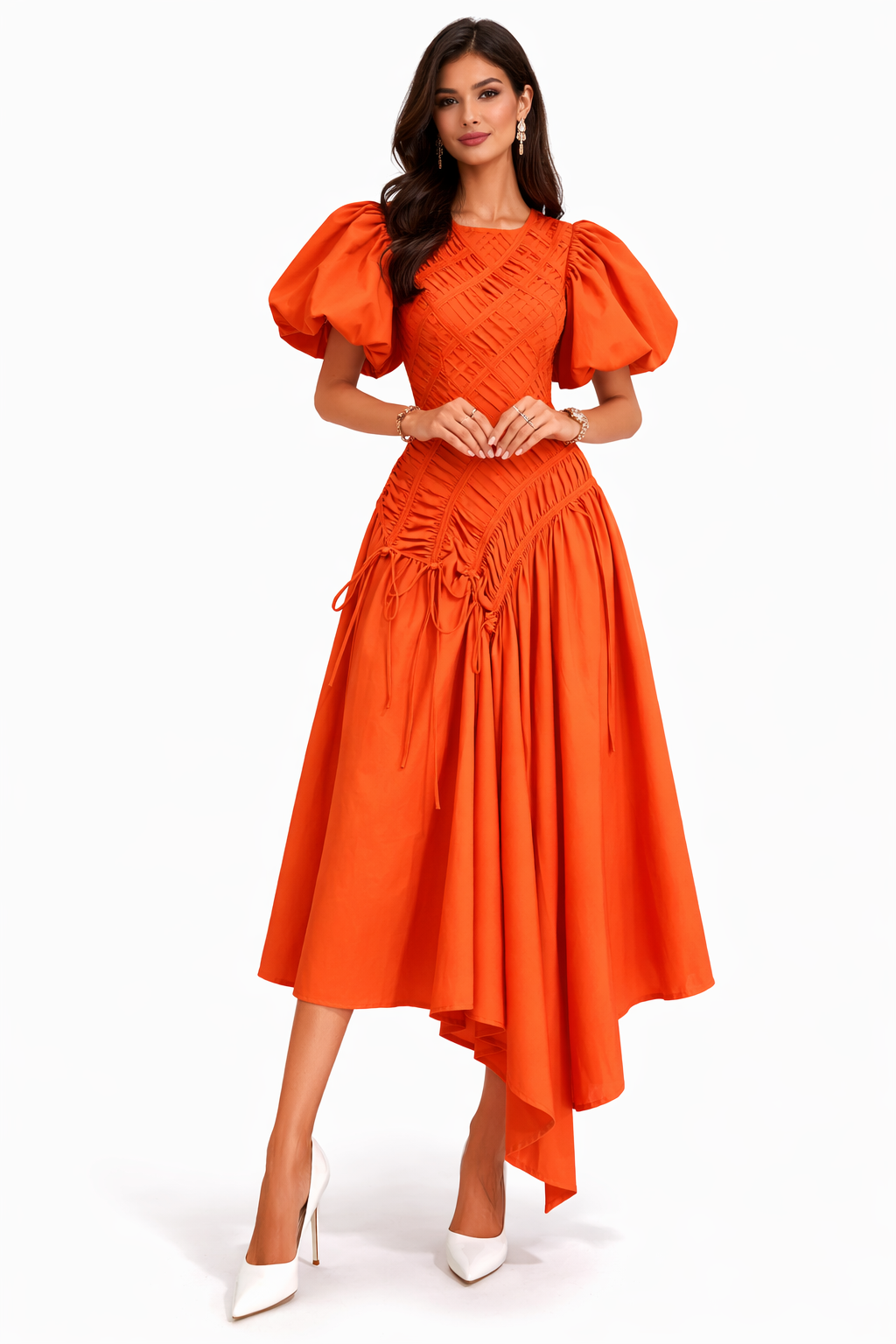 puff sleeve ruched asymmetric midi dress – GRACE