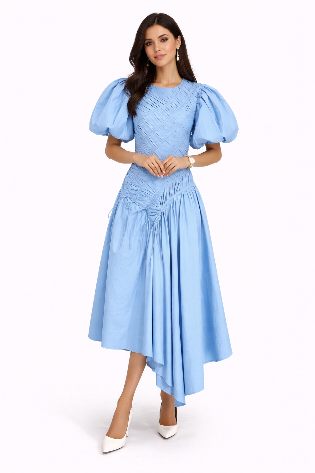 puff sleeve ruched asymmetric midi dress – GRACE