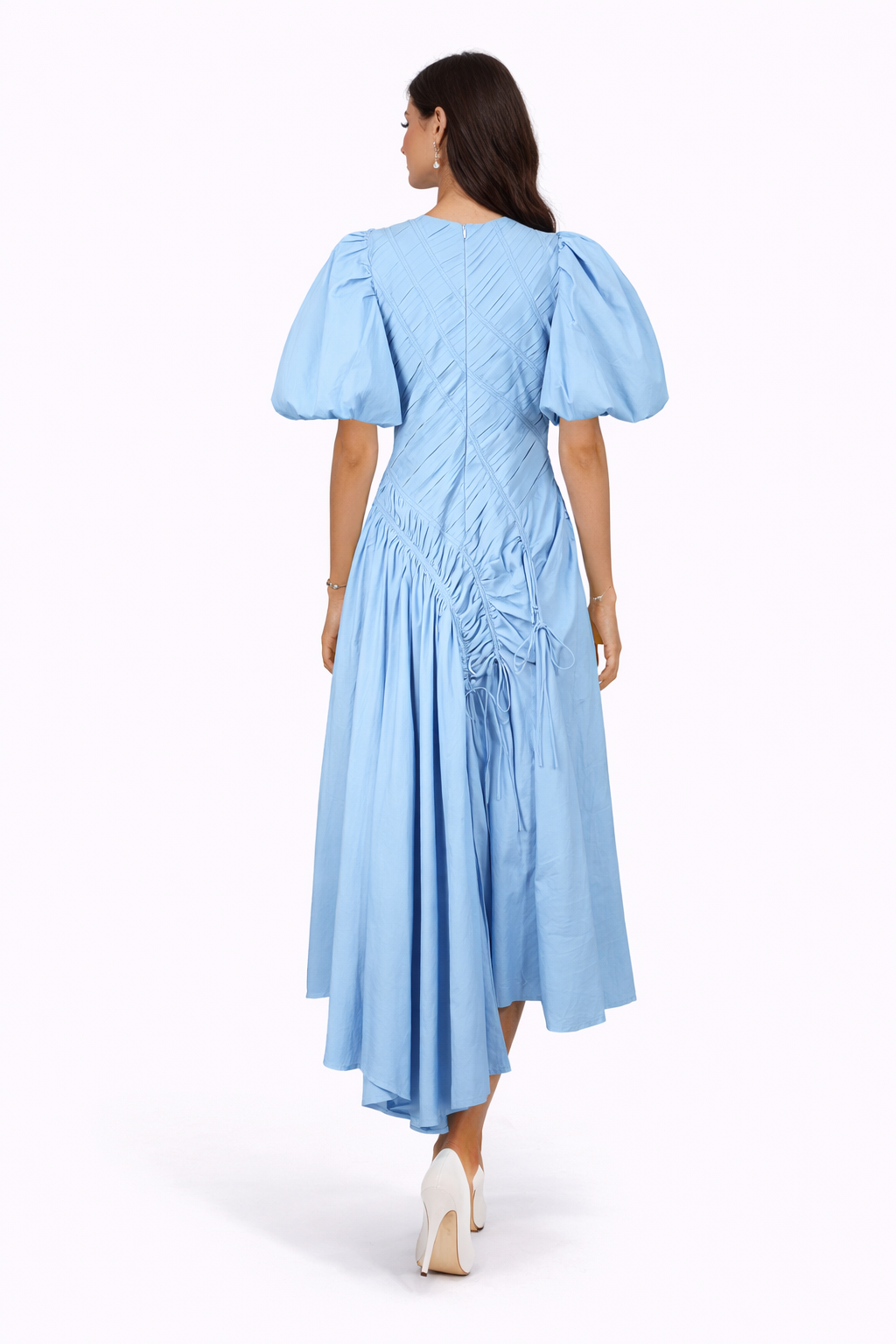 puff sleeve ruched asymmetric midi dress – GRACE