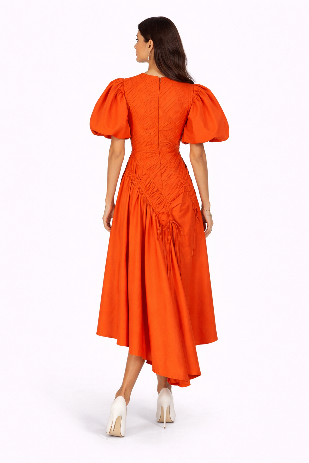 puff sleeve ruched asymmetric midi dress – GRACE